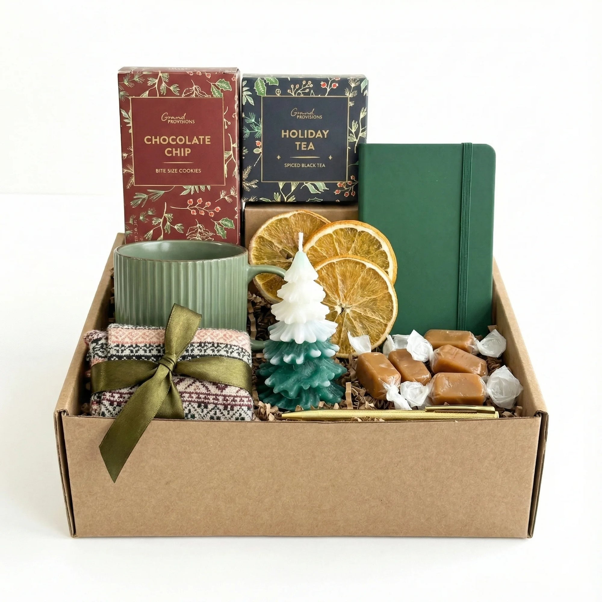 The First Noel gift basket with Nordic socks, ribbed mug and holiday tea by Arinna Gifts in Dallas