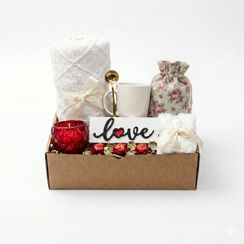 The Love Note gift box featuring white blanket, red candle, and love sign by Arinna Gifts Dallas