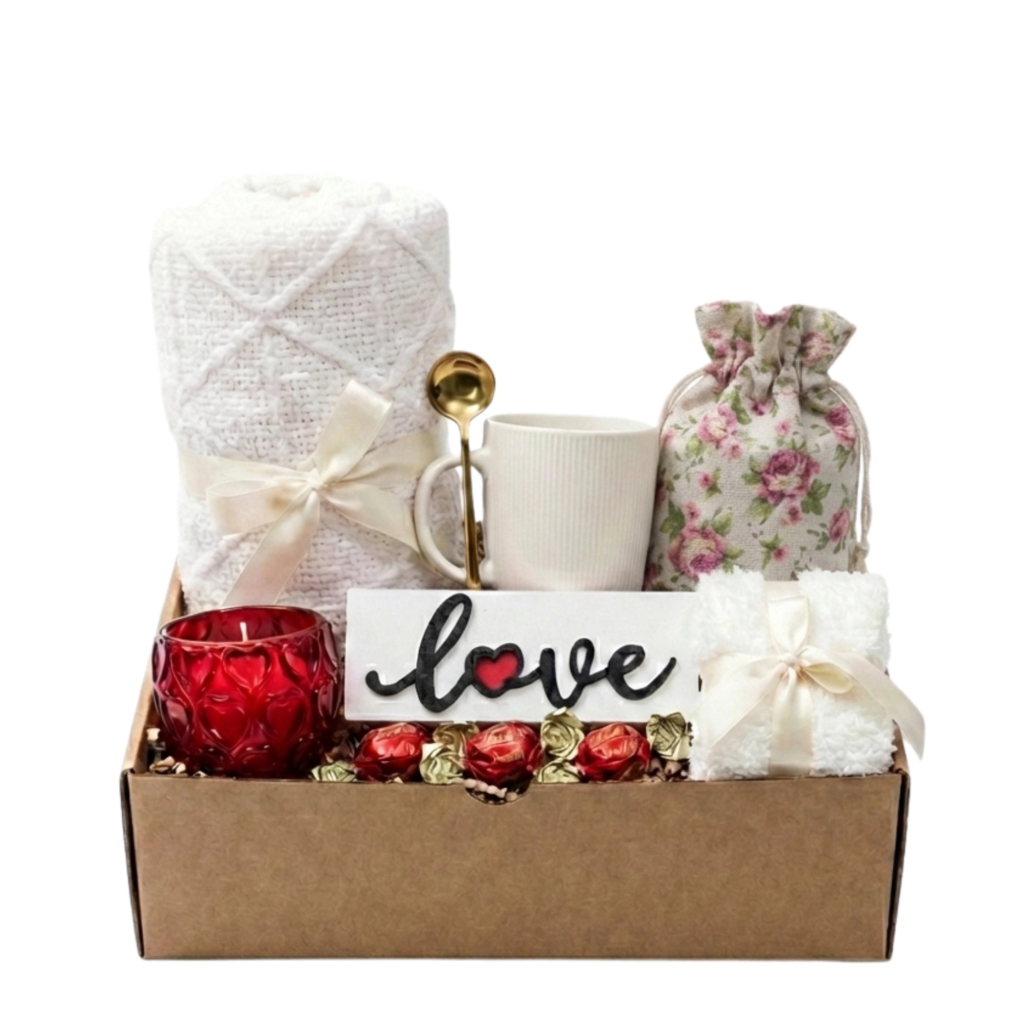 The Love Note gift box featuring white blanket, red candle, and love sign by Arinna Gifts Dallas