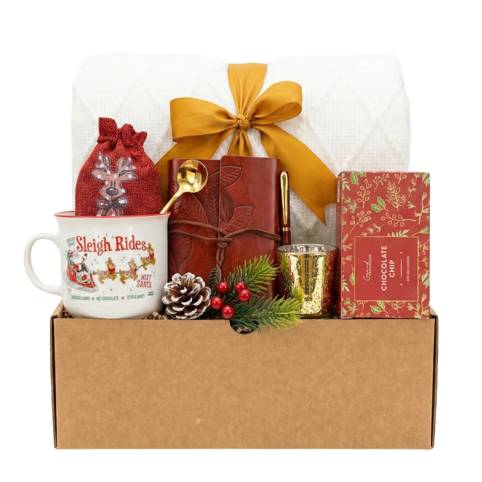 Winter Notes gift basket with Sleigh Rides mug, leather journal and gold candle by Arinna Gifts in Dallas