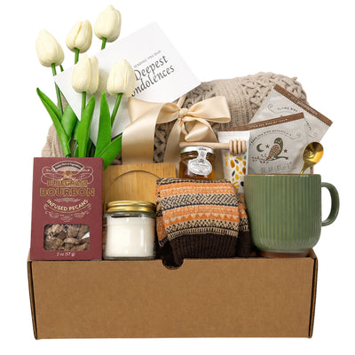 With sympathy gift box with blanket, tea, honey, candle and condolences card condolence care package