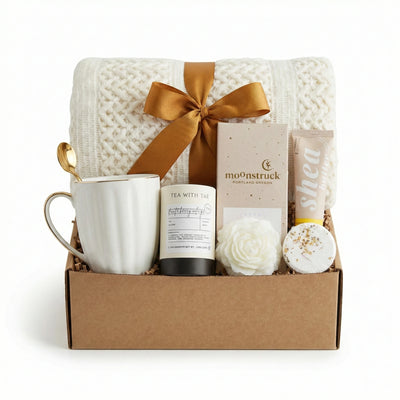 You Matter self-care gift basket with white blanket, fluted mug, and rose candle by Arinna Gifts in Dallas